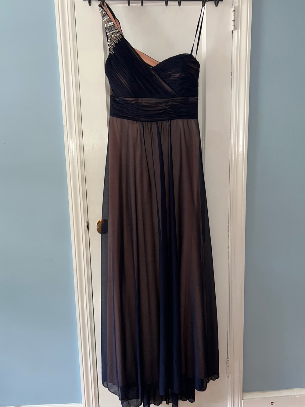 My Michelle Dark Blue & Beige One-Shoulder Evening Dress with Embellished Strap